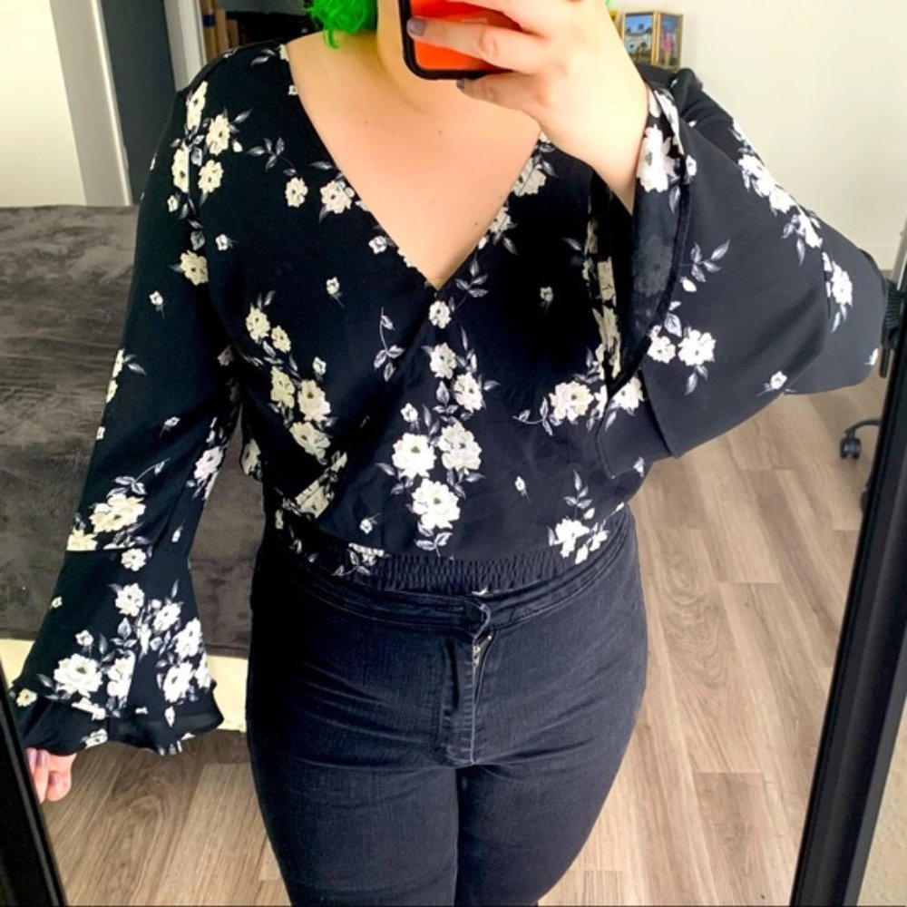 H&M Long Bell Sleeve Black Floral Blouse Size 12